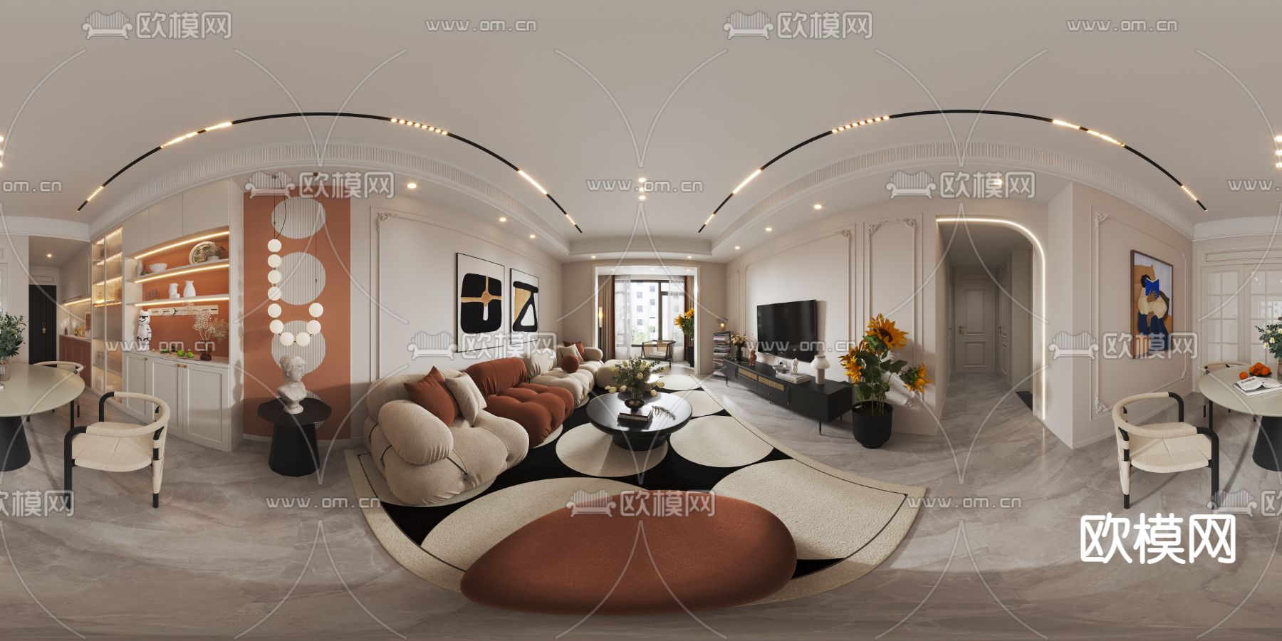 法式奶油风格客餐厅全景3d模型
