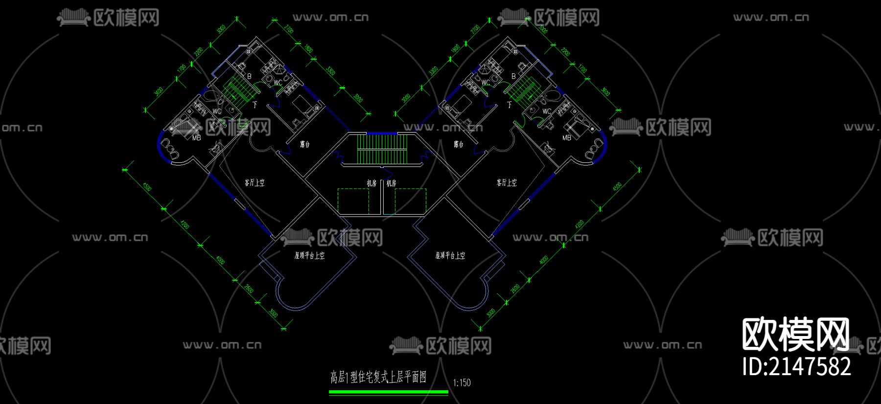 小区平层cad平面布置图下载（渲染图2）
