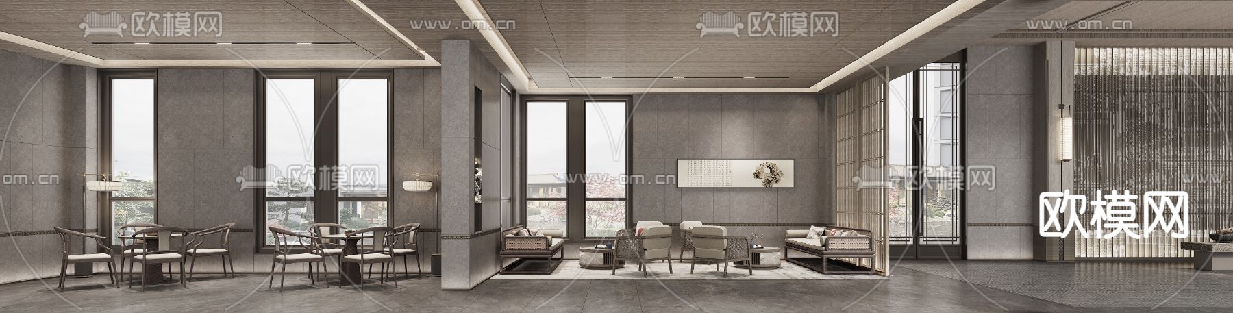 新中式售楼处楼盘大厅洽谈区3d模型下载（渲染图3）