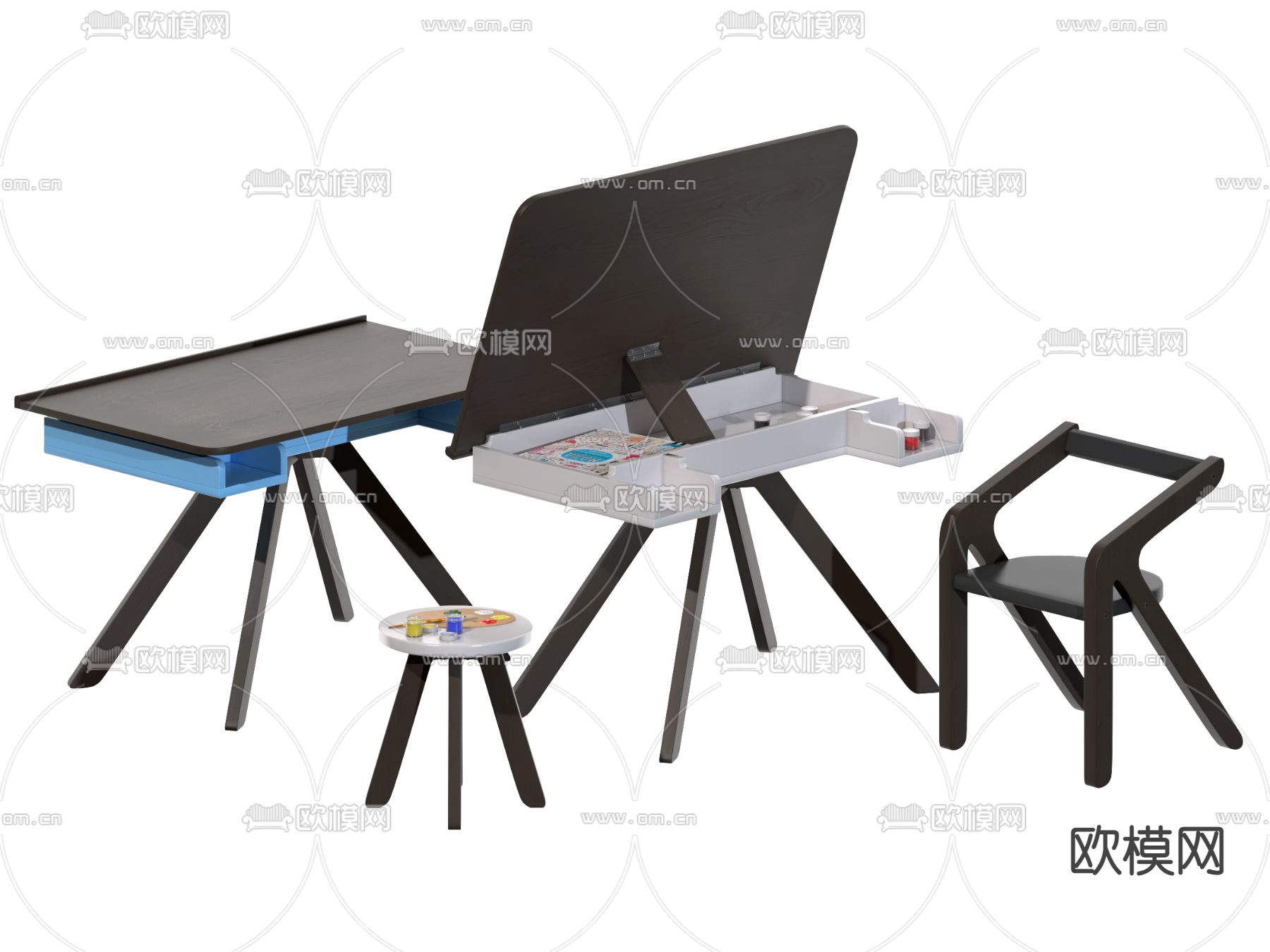 现代儿童桌椅画具3d模型下载
