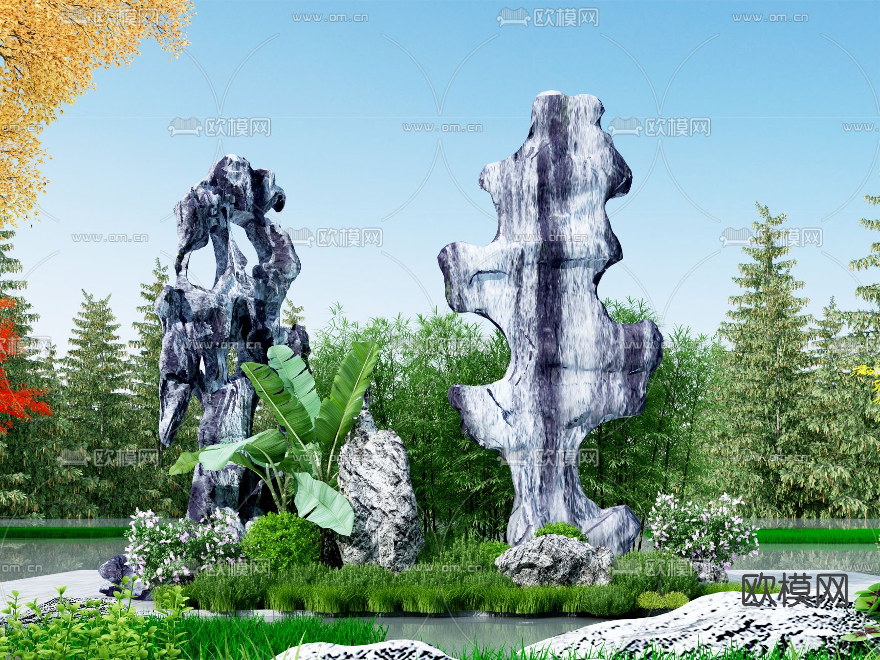 新中式假山水景小品免费3d模型下载