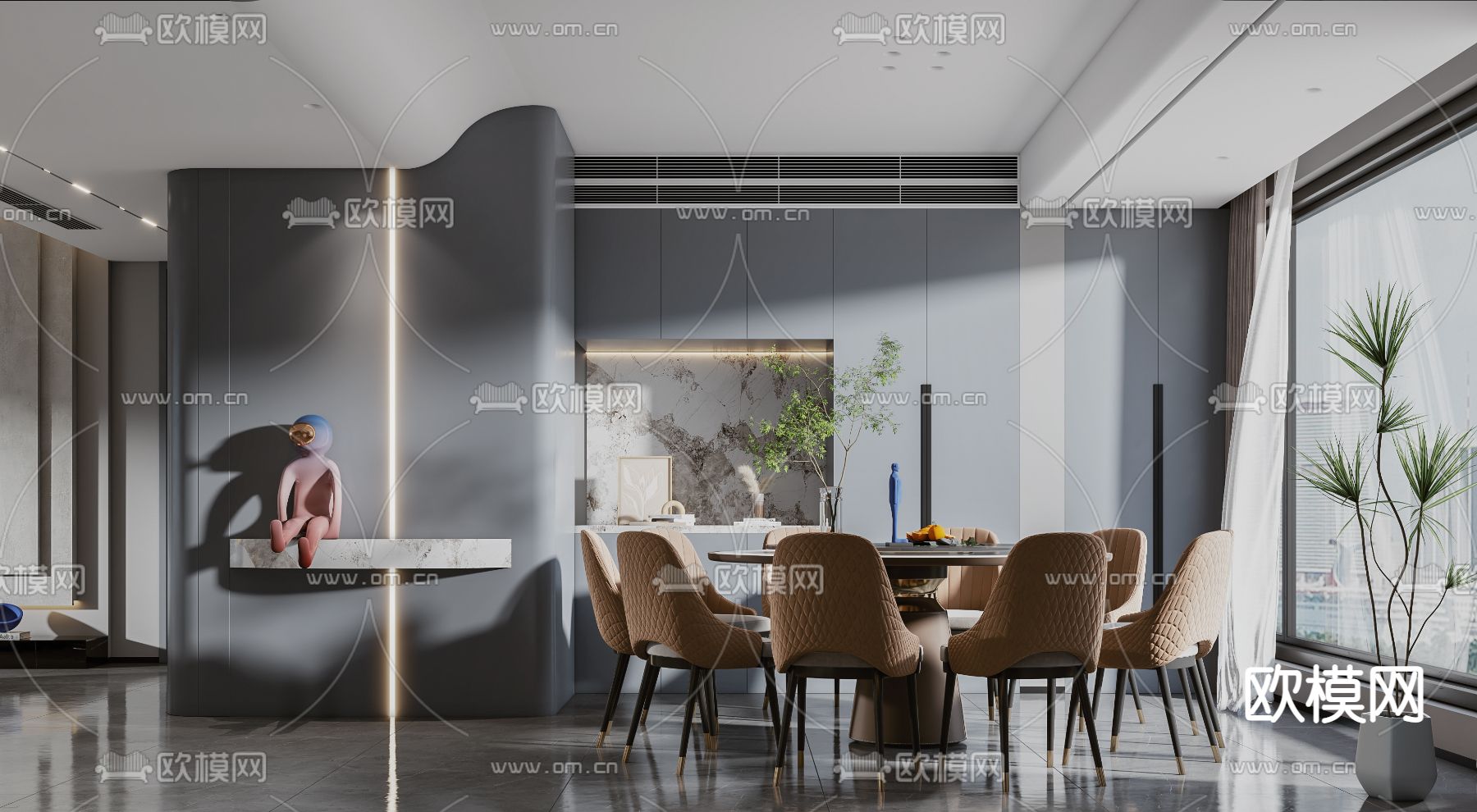 后现代客厅餐厅厨房3d模型下载（渲染图9）