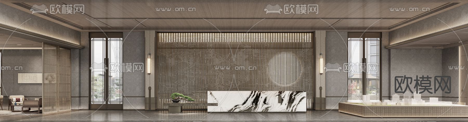 新中式售楼处楼盘大厅洽谈区3d模型下载（渲染图2）