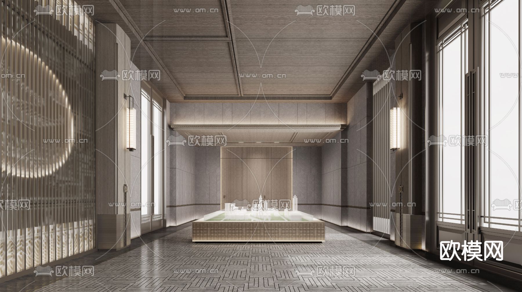 新中式售楼处楼盘大厅洽谈区3d模型下载（渲染图1）