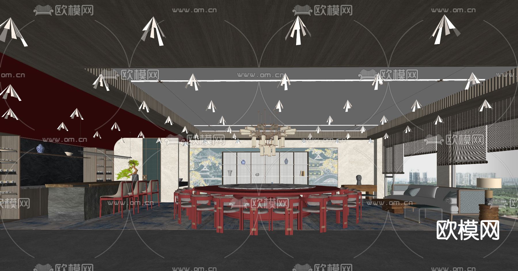 新中式餐厅包厢su模型下载（渲染图2）