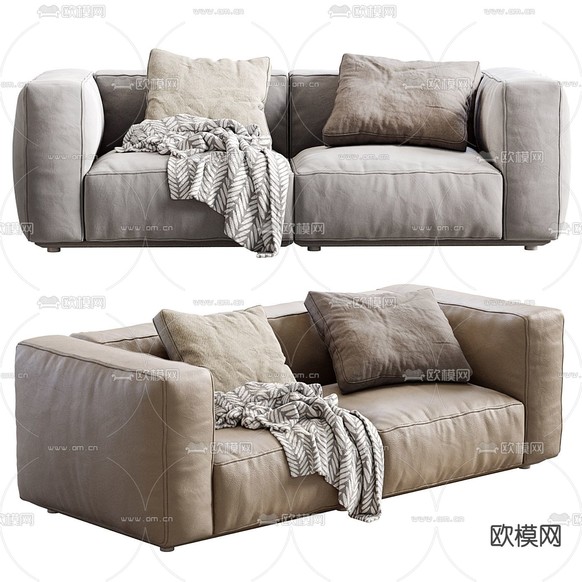 现代浅啡色皮革双人沙发3d模型下载
