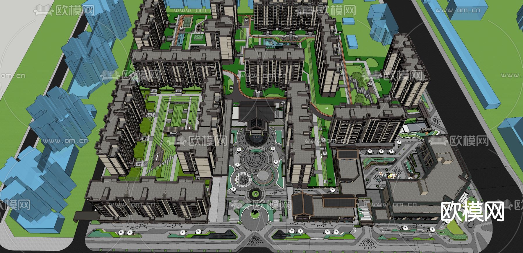 新中式住宅小区景观su模型