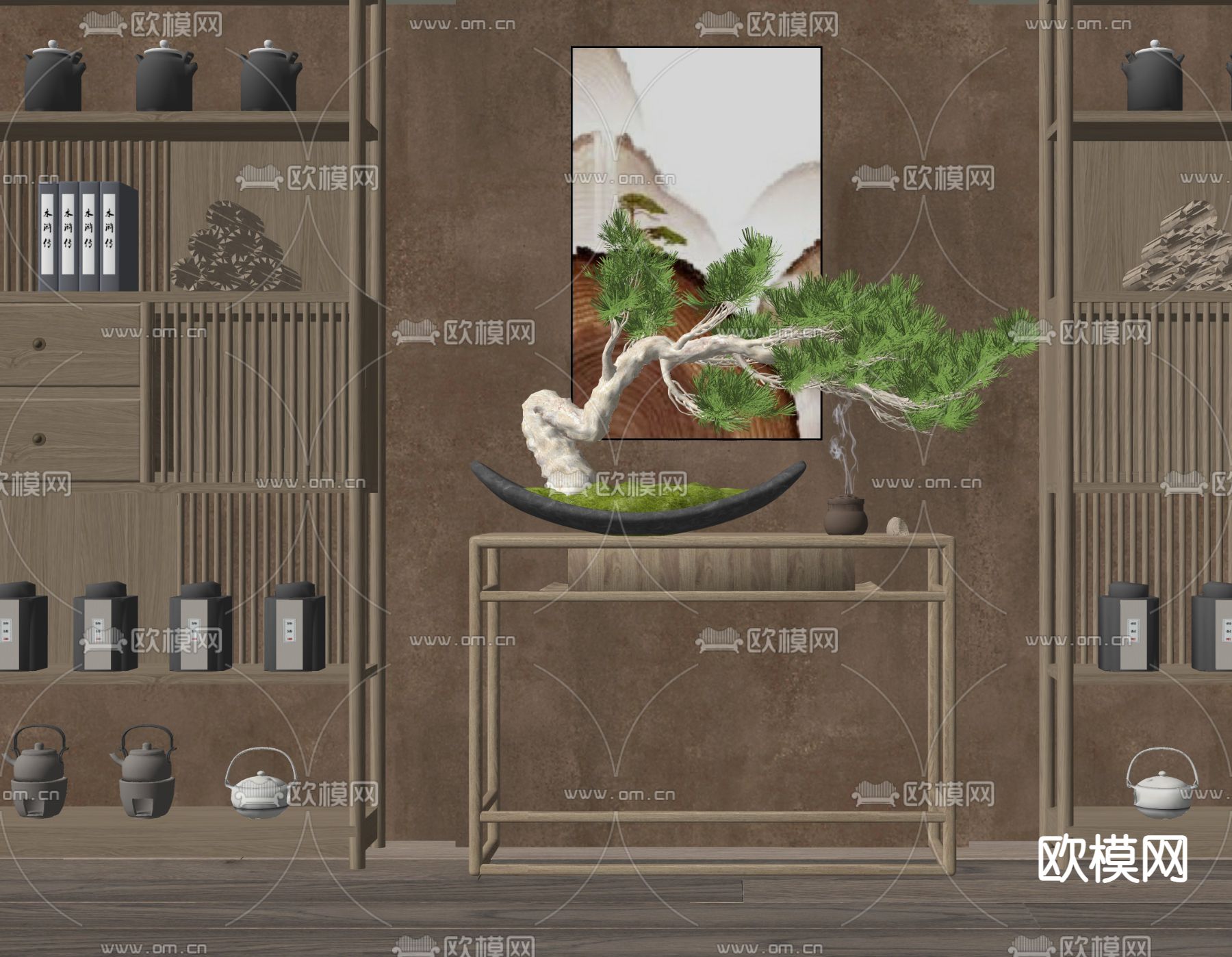 新中式玄关端景柜su模型下载（渲染图2）