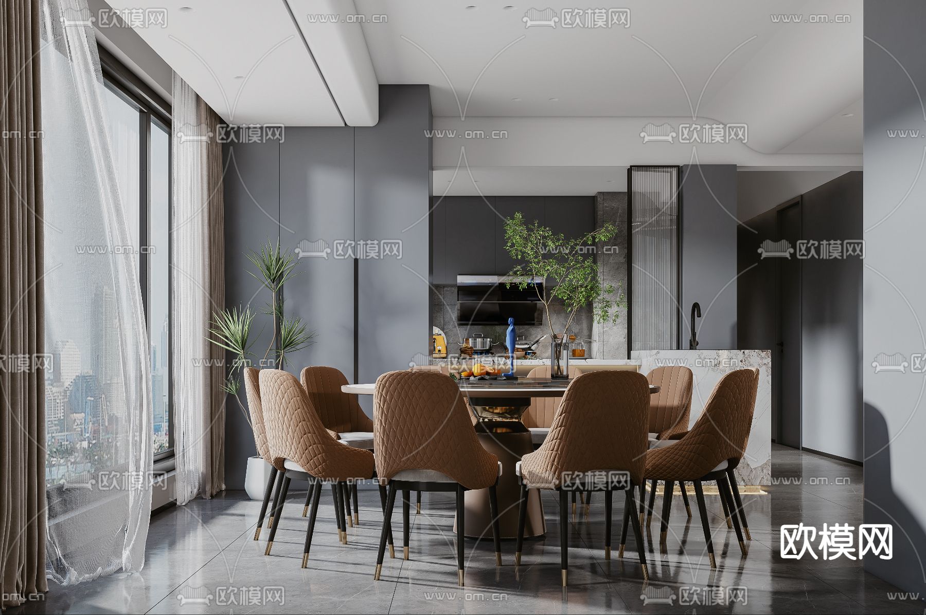 后现代客厅餐厅厨房3d模型下载（渲染图10）