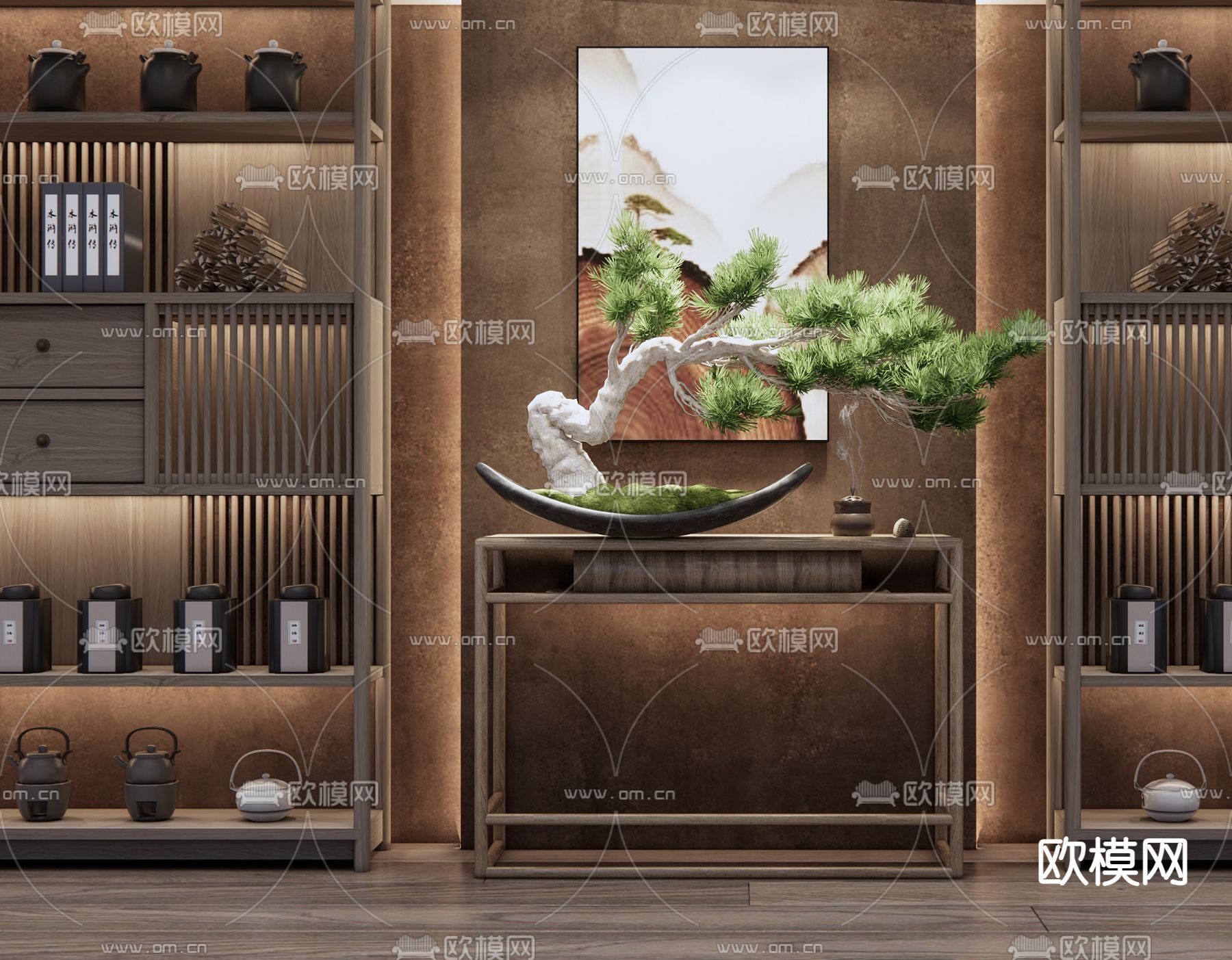 新中式玄关端景柜su模型下载（渲染图1）
