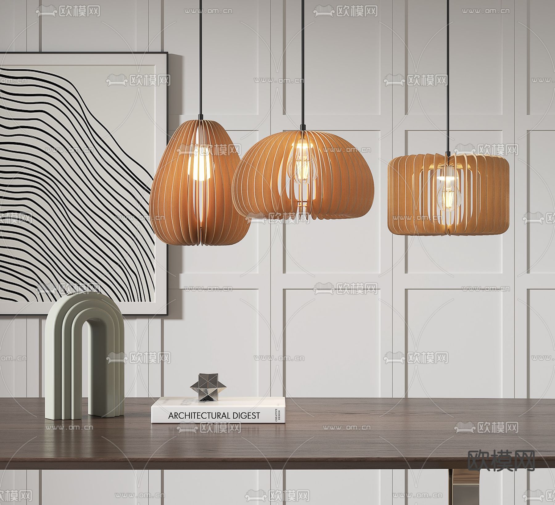 北欧原木吊灯su模型下载（渲染图1）