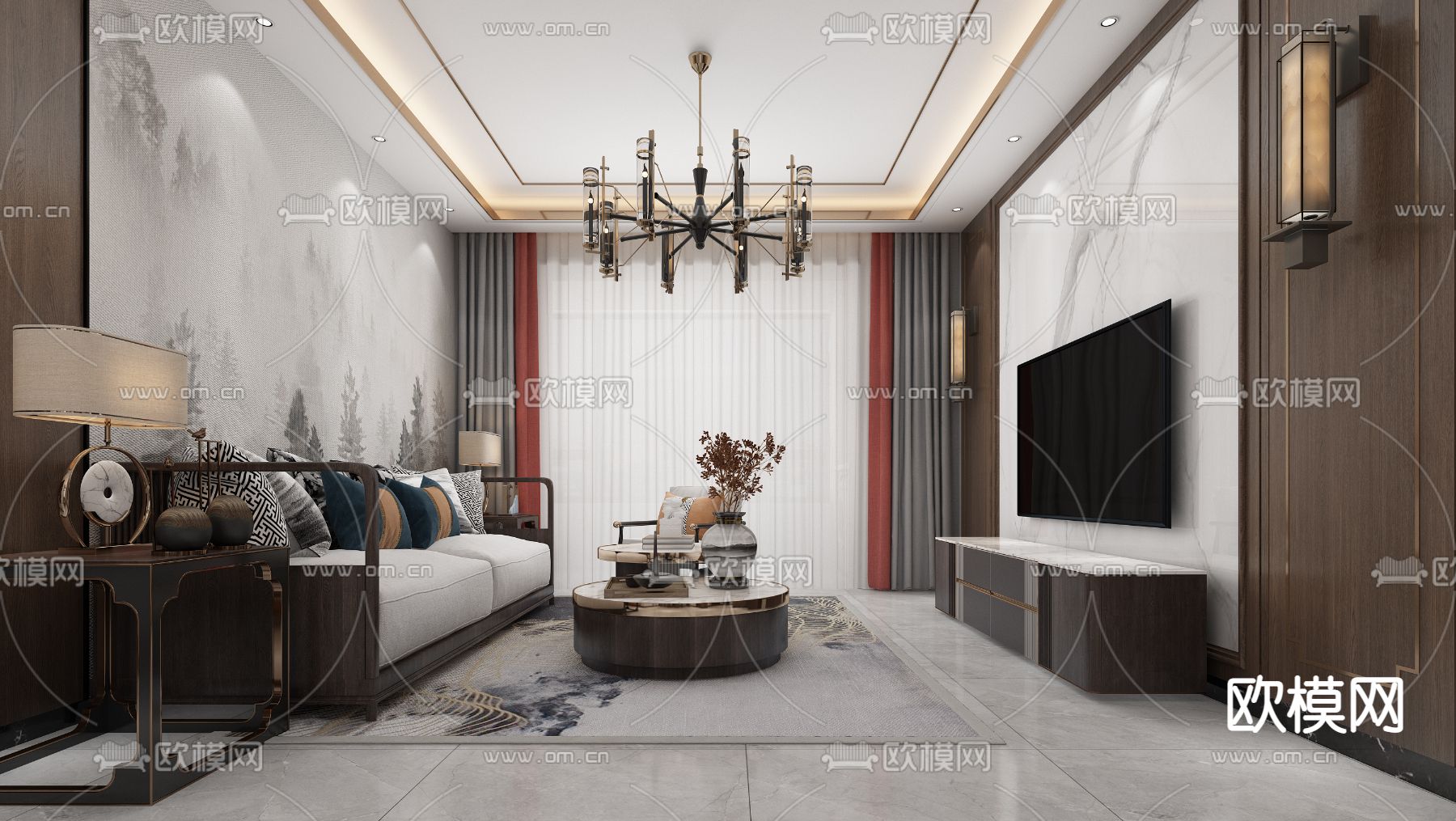 新中式轻奢客厅免费3d模型下载