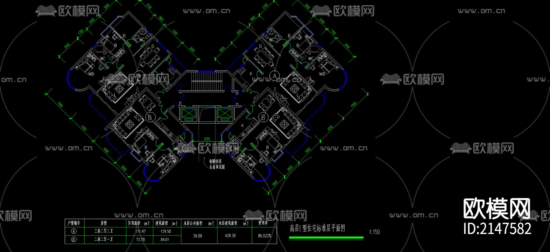 小区平层cad平面布置图下载（渲染图1）