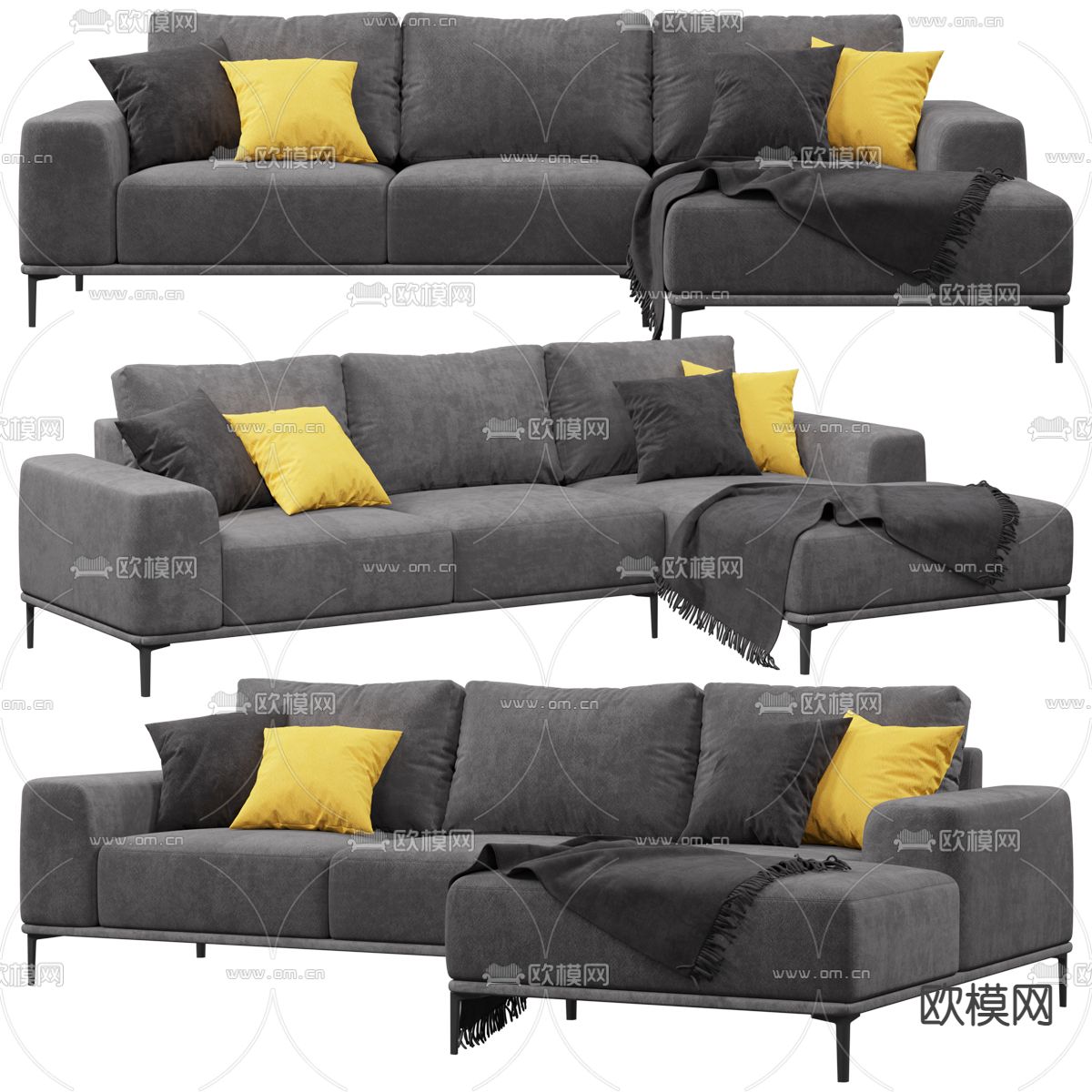 现代黑色转角沙发3d模型下载（渲染图1）