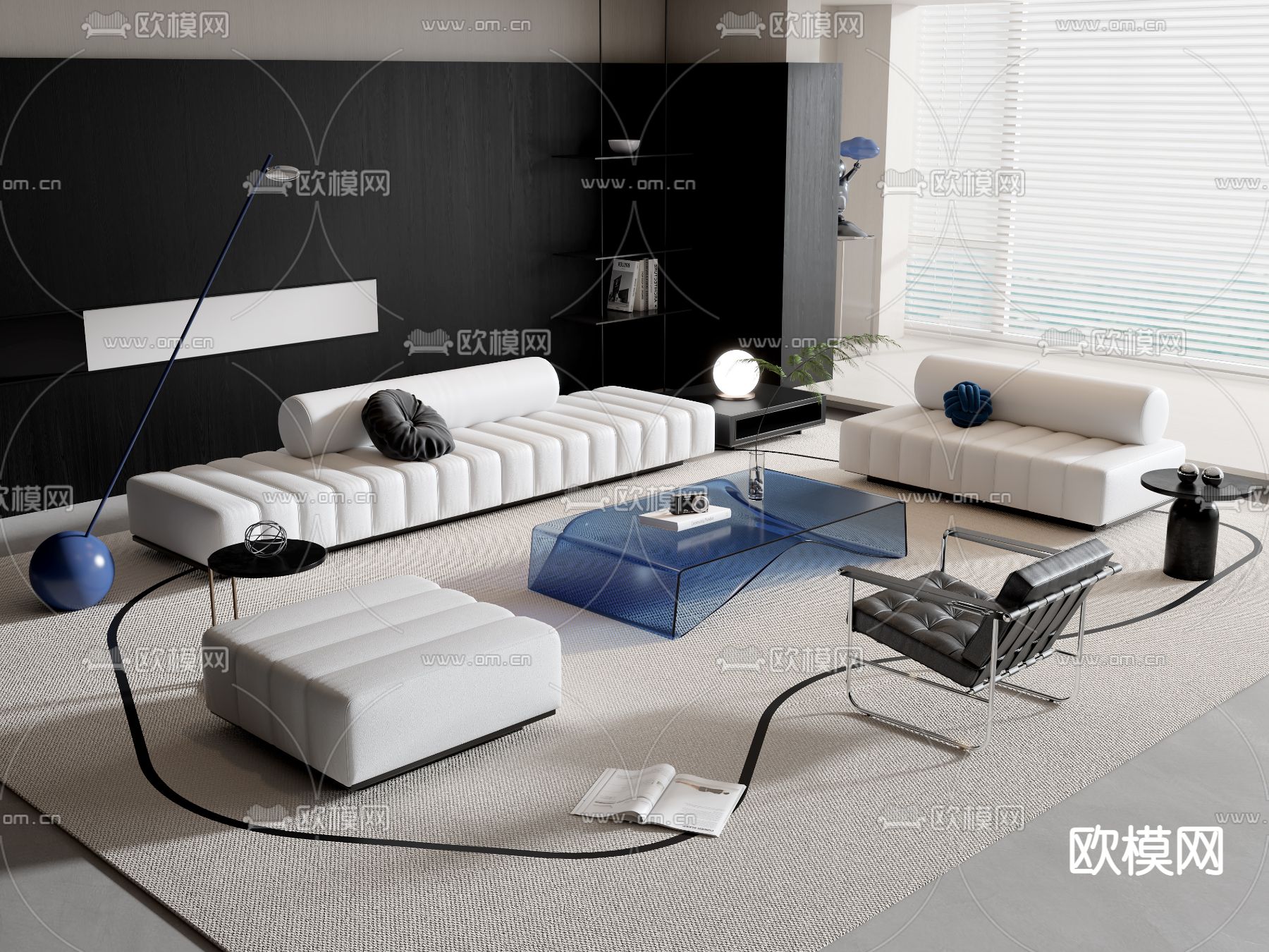 奶油风白色沙发组合3d模型下载_ID11985125_3dmax免费模型-欧模网