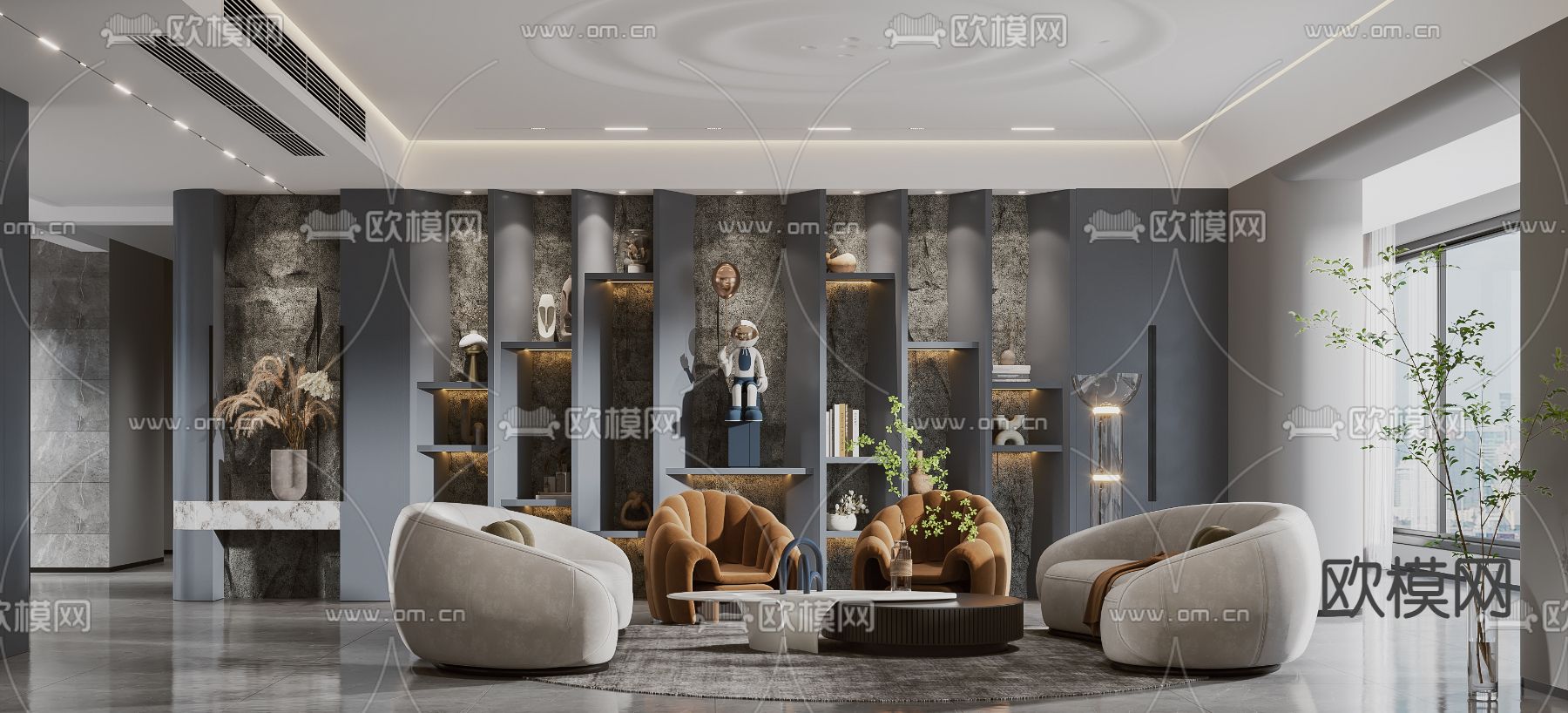 后现代客厅餐厅厨房3d模型下载（渲染图1）