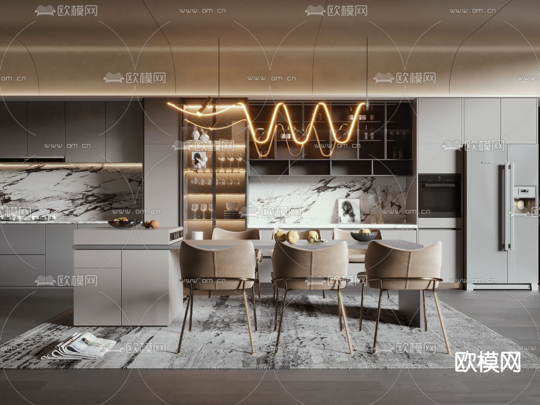 现代中岛餐桌椅3d模型下载