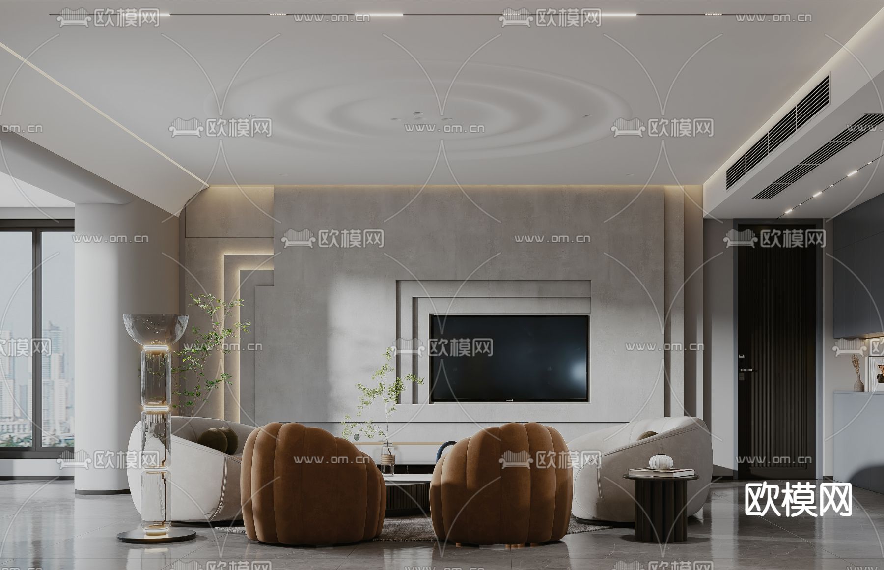 后现代客厅餐厅厨房3d模型下载（渲染图2）