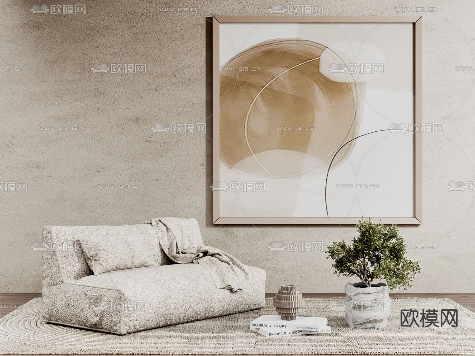 侘寂白色布艺休闲沙发3d模型下载