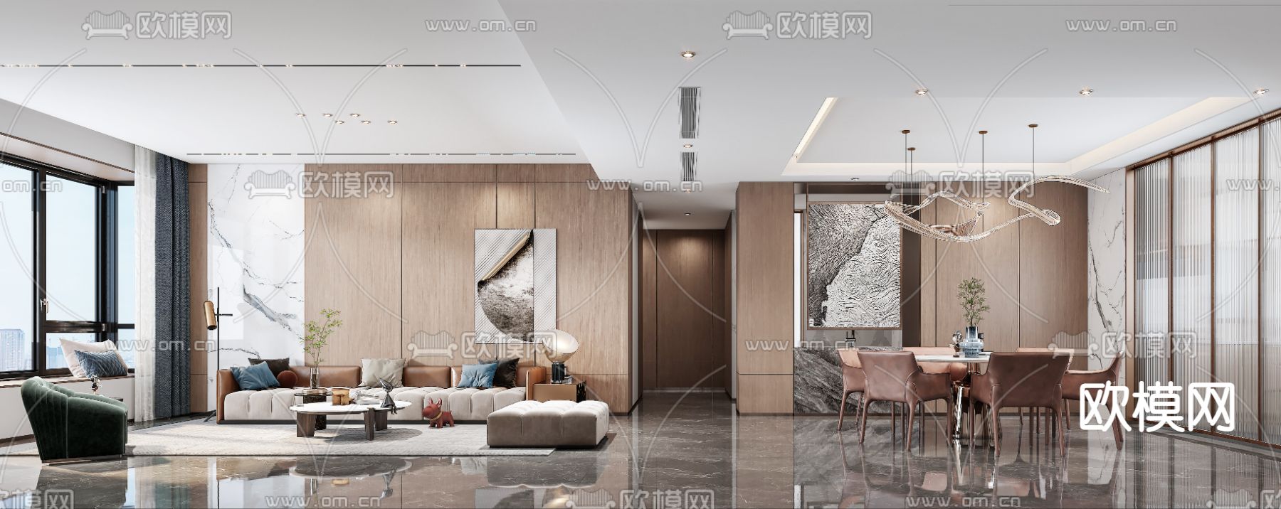 现代家居客餐厅3d模型下载（渲染图1）