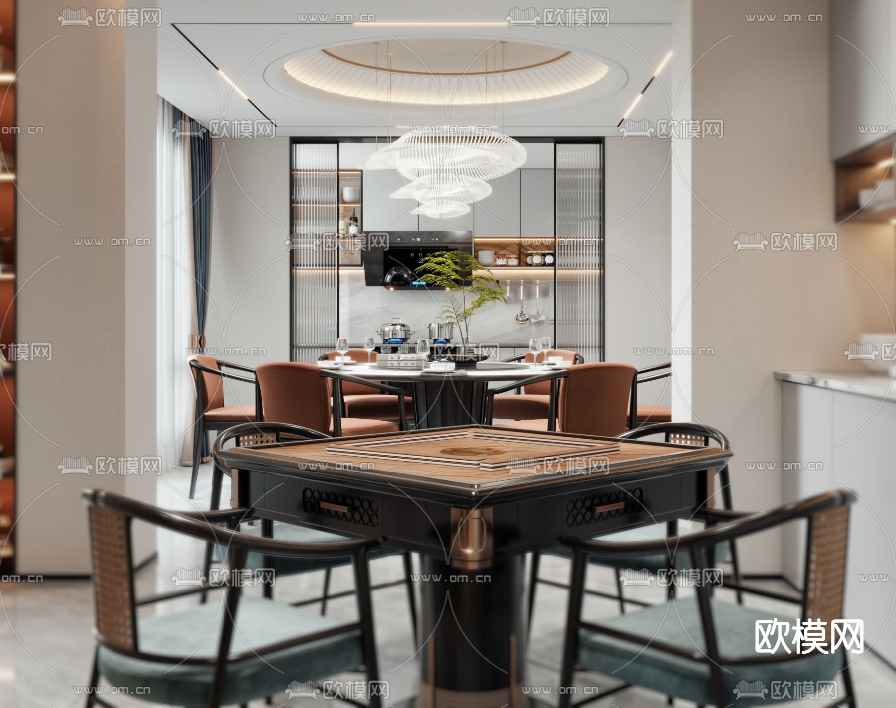 新中式厨房餐厅麻将娱乐室3d模型下载（渲染图2）