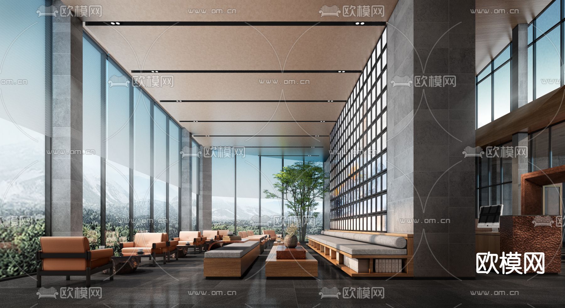现代酒店会所商务大堂3d模型下载（渲染图7）