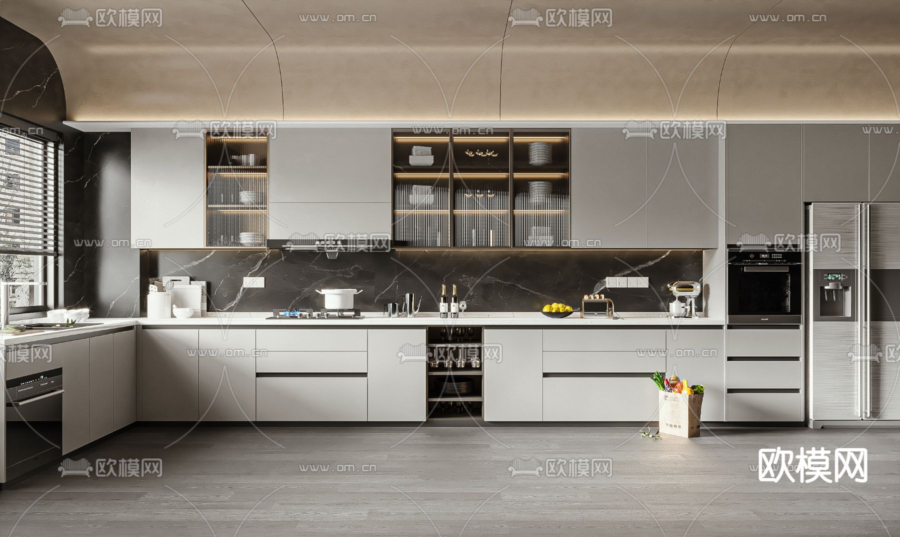 现代开放式厨房橱柜3d模型下载（渲染图1）