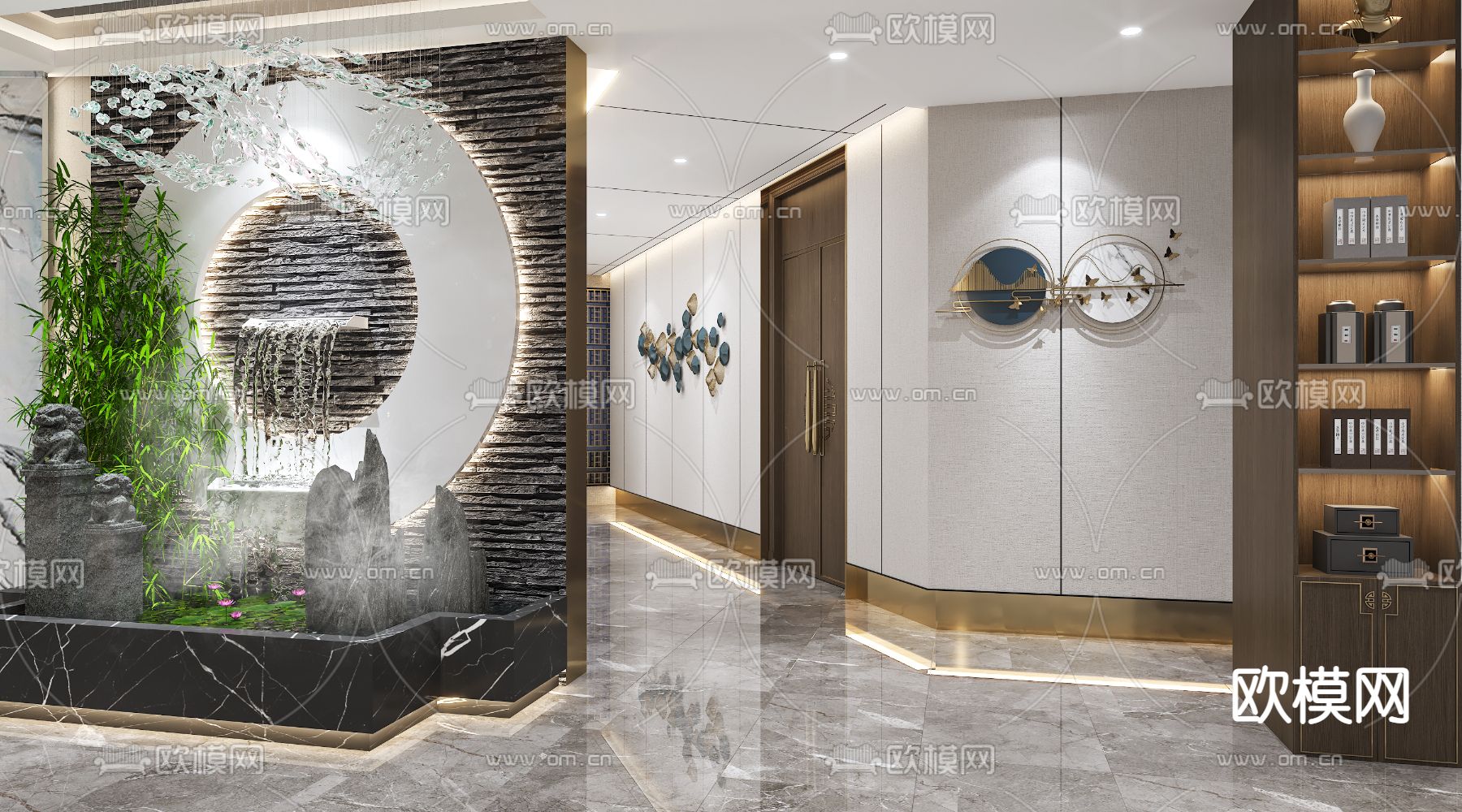 新中式宴会厅前台接待大厅3d模型下载（渲染图3）