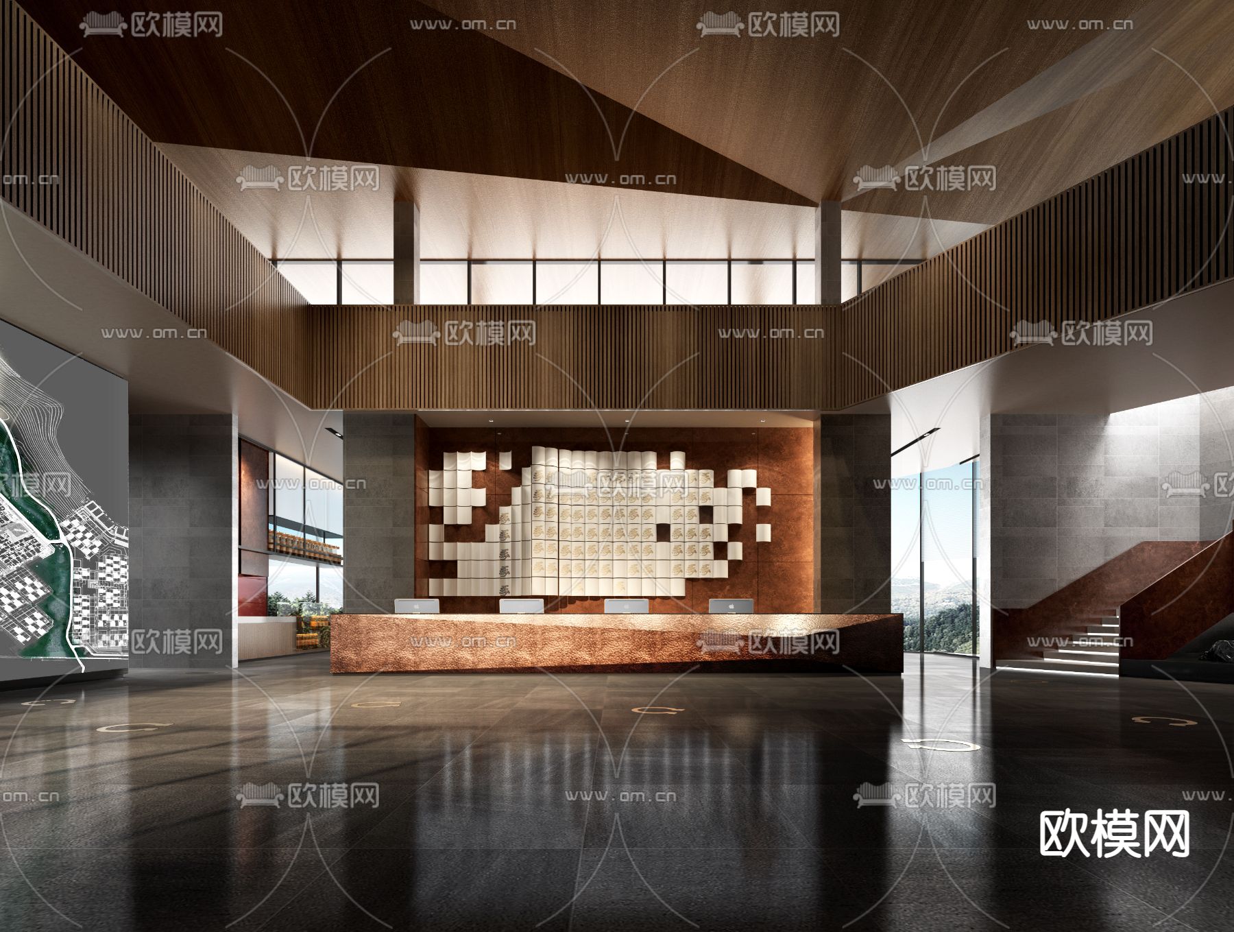 现代酒店会所商务大堂3d模型下载（渲染图1）
