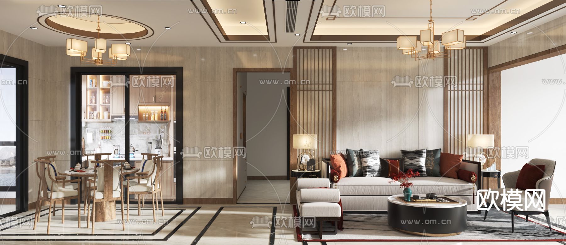 新中式客餐厅3d模型下载（渲染图2）