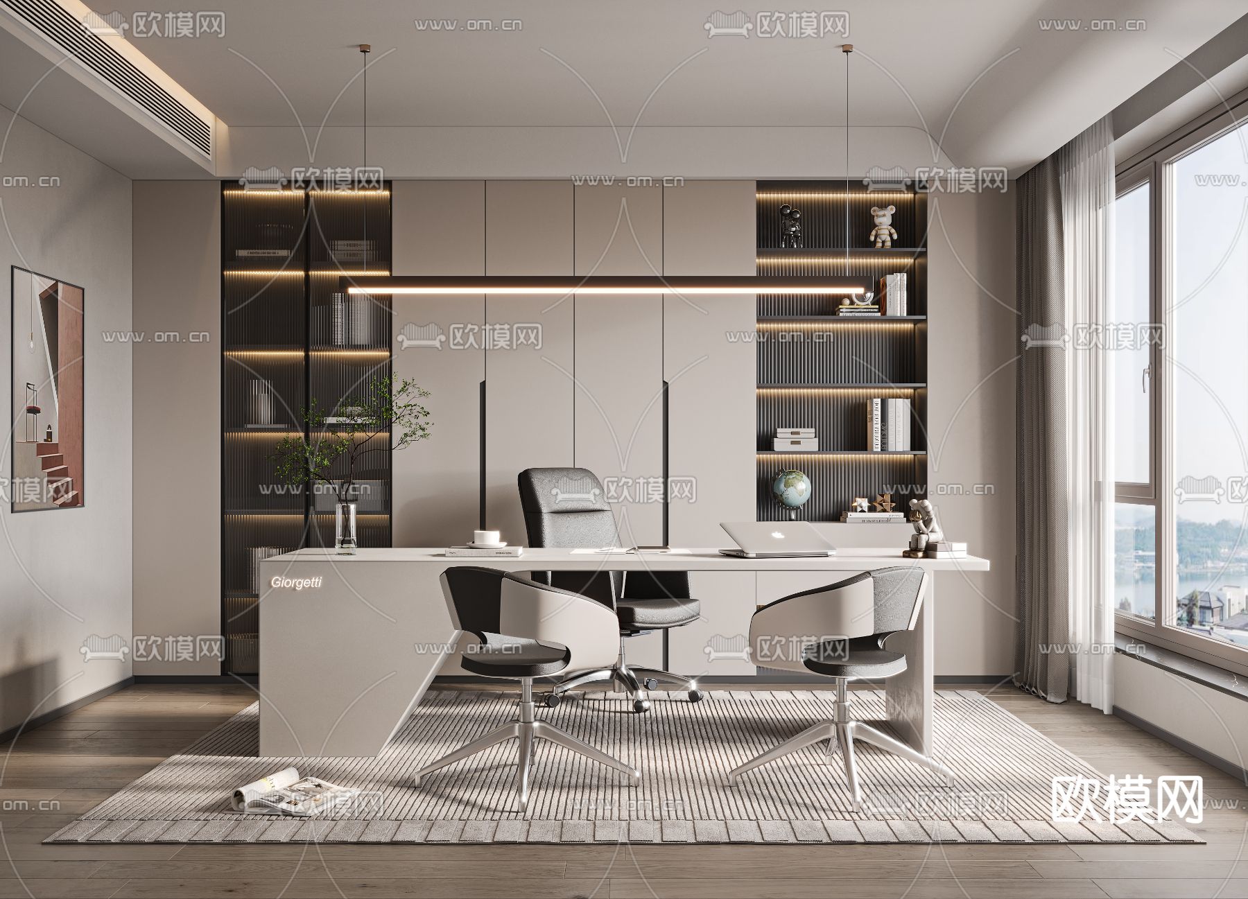 现代书房su模型下载（渲染图1）