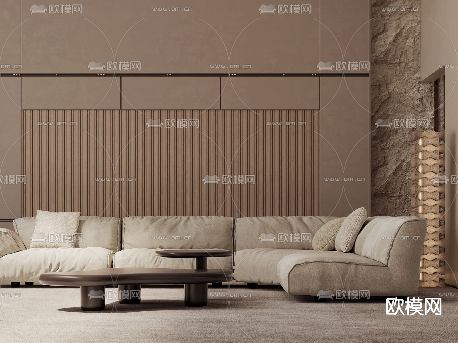 侘寂风别墅客厅3d模型下载（渲染图2）