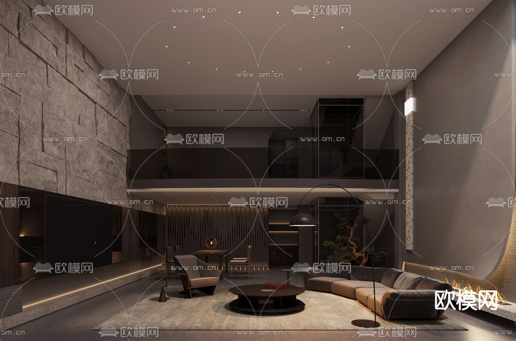 工业风挑空别墅客厅3d模型下载（渲染图1）