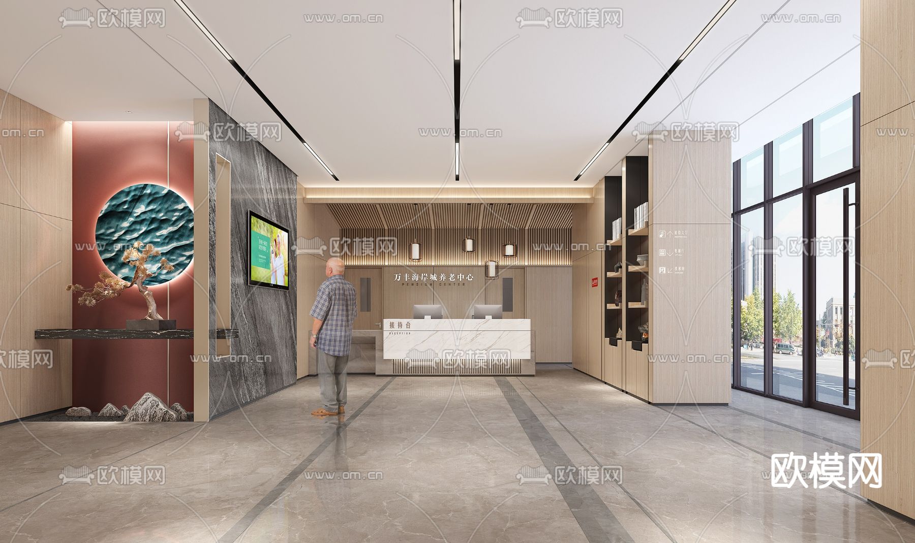 新中式养老院前台3d模型下载（渲染图1）