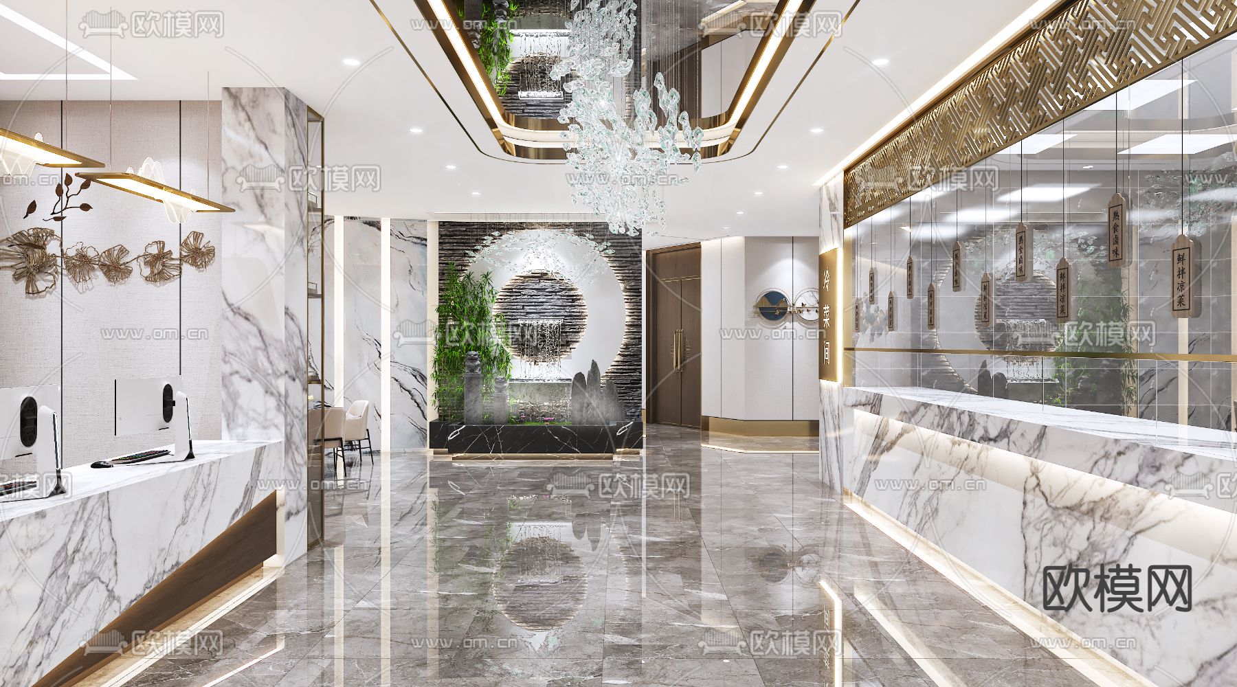 新中式宴会厅前台接待大厅3d模型下载（渲染图2）