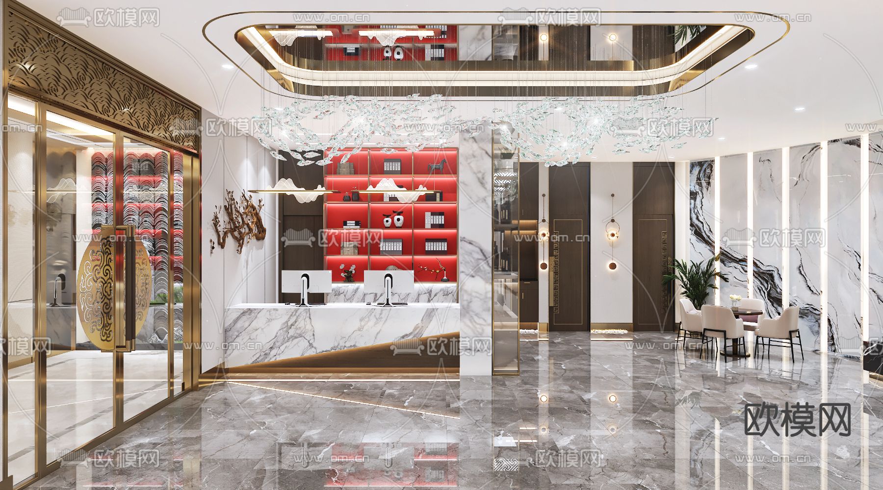 新中式宴会厅前台接待大厅3d模型下载（渲染图1）