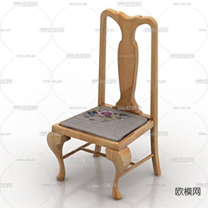 新中式复古实木绣花布艺单椅免费3d模型下载