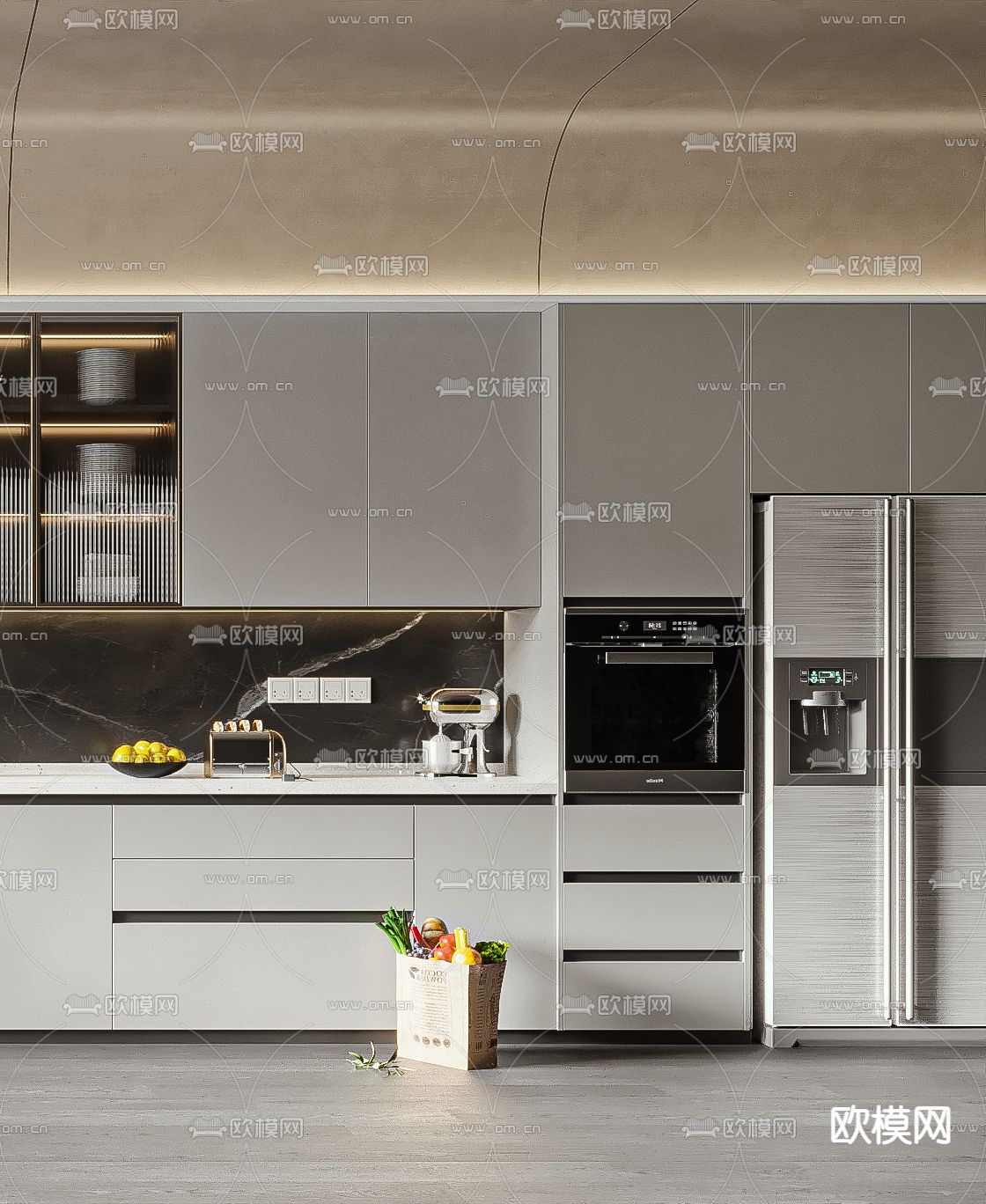现代开放式厨房橱柜3d模型下载（渲染图2）