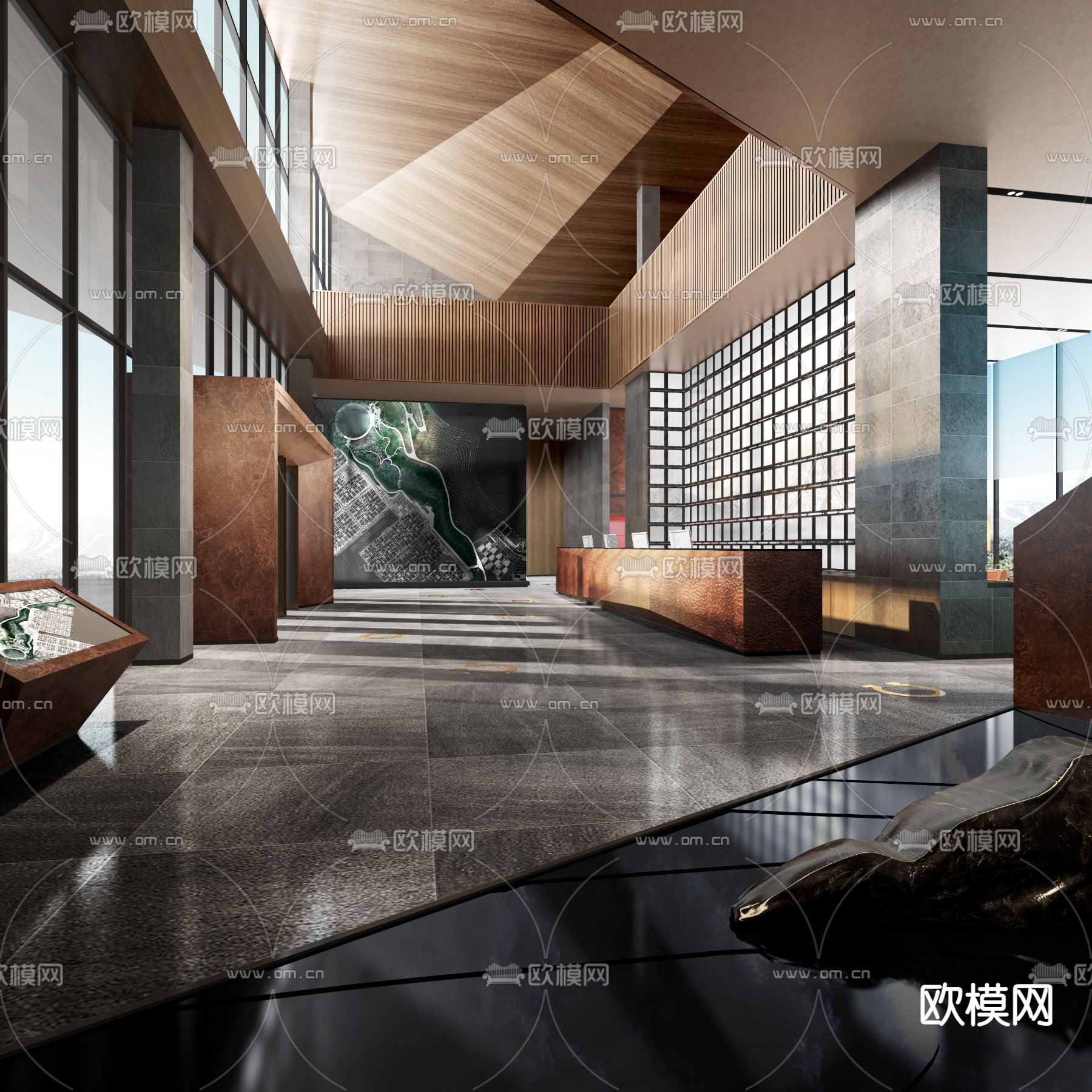 现代酒店会所商务大堂3d模型下载（渲染图3）