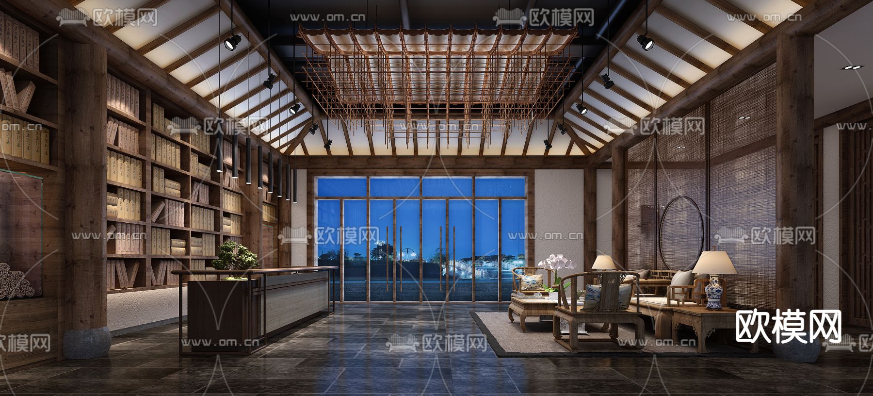 新中式民宿大厅夜景3d模型下载_ID11982154_3dmax免费模型-欧模网