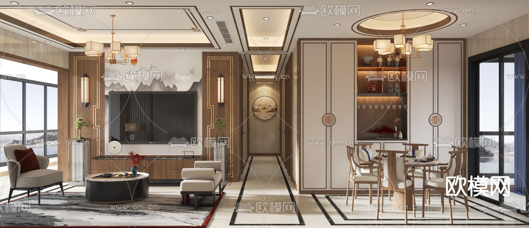 新中式客餐厅3d模型下载（渲染图1）