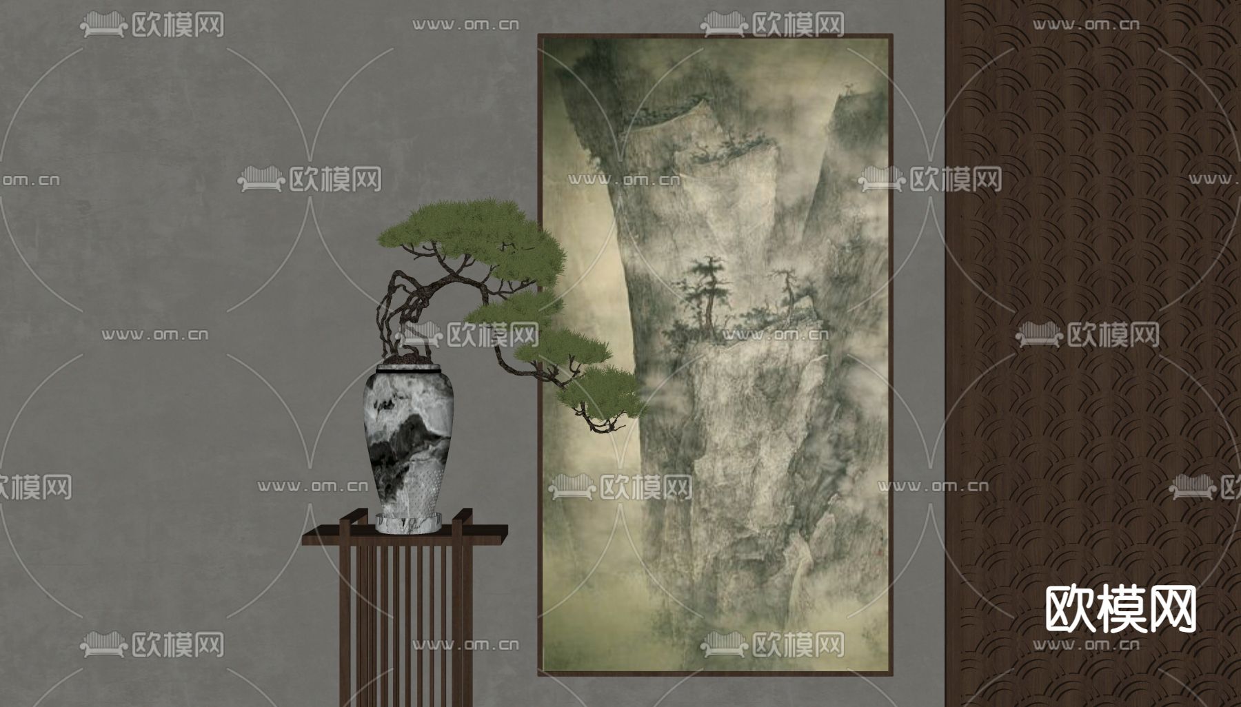 新中式山水装饰画su模型