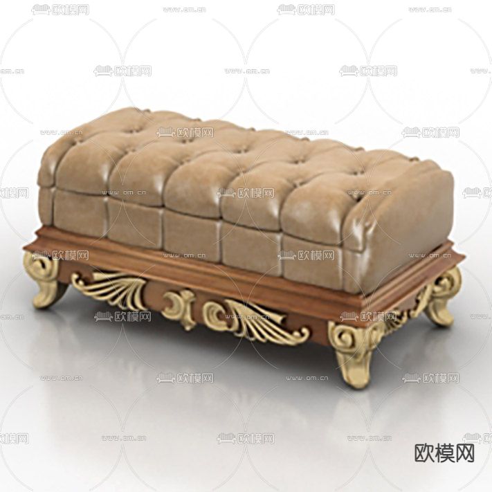 欧式复古实木描金雕花皮革沙发凳免费3d模型下载