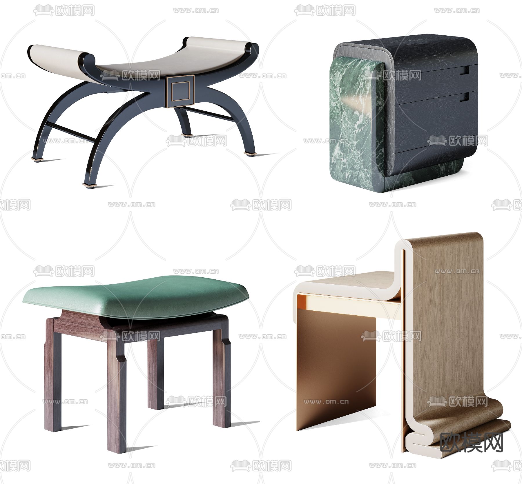 新中式实木矮凳3d模型下载（渲染图2）