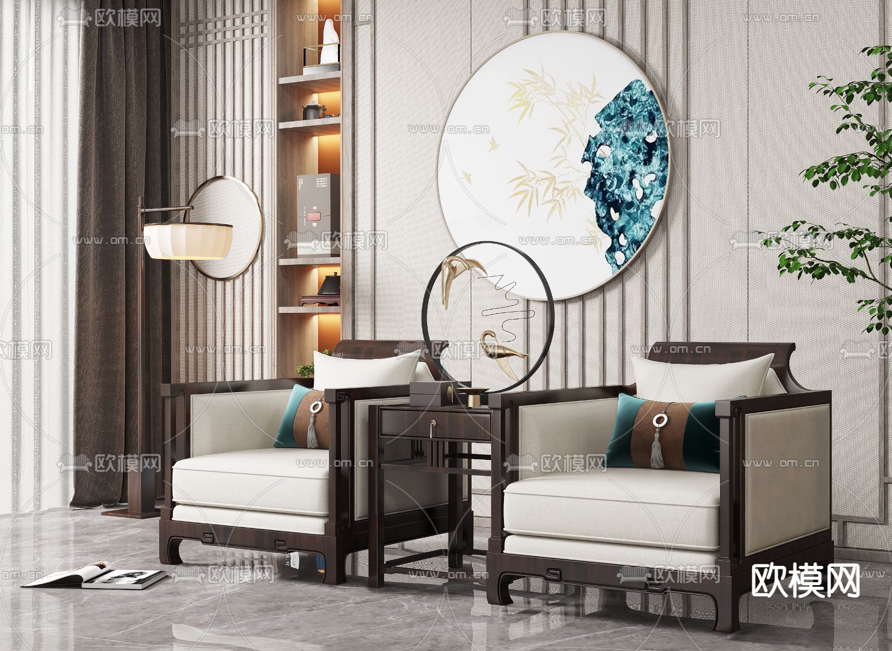 新中式米白色单人沙发3d模型下载