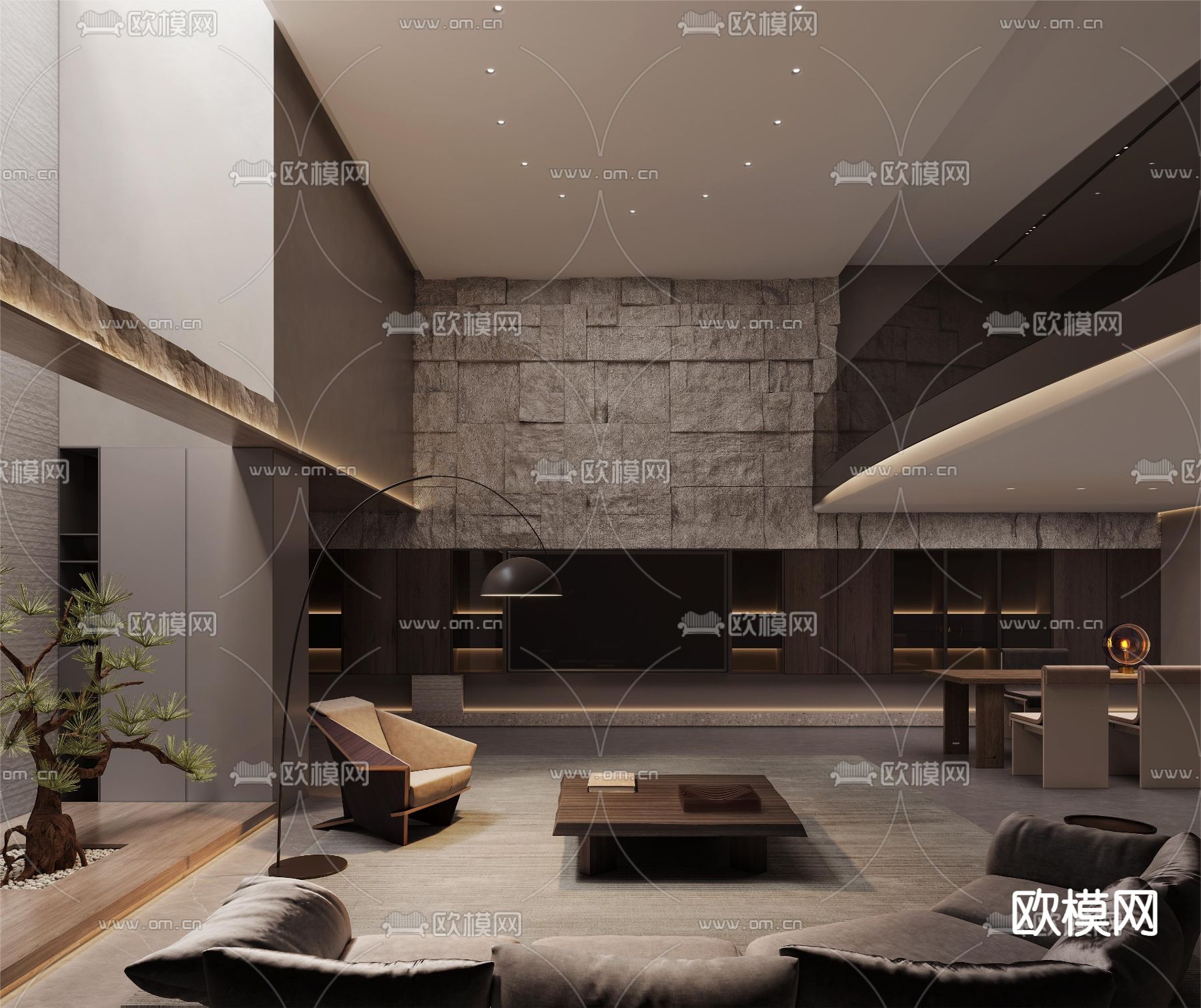 侘寂风别墅客厅3d模型下载_ID11985890_3dmax免费模型-欧模网