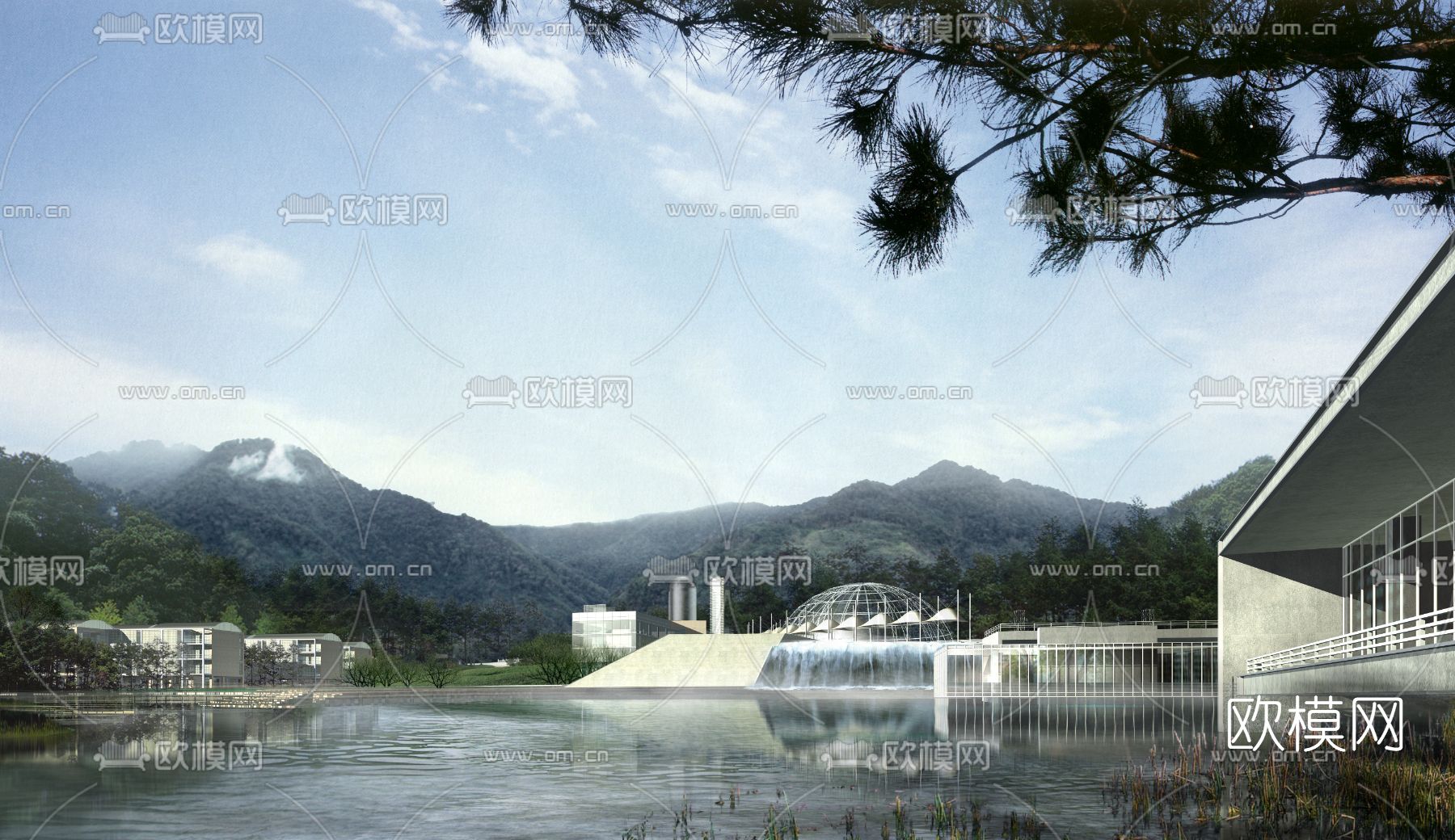 现代湖面建筑景观psd下载