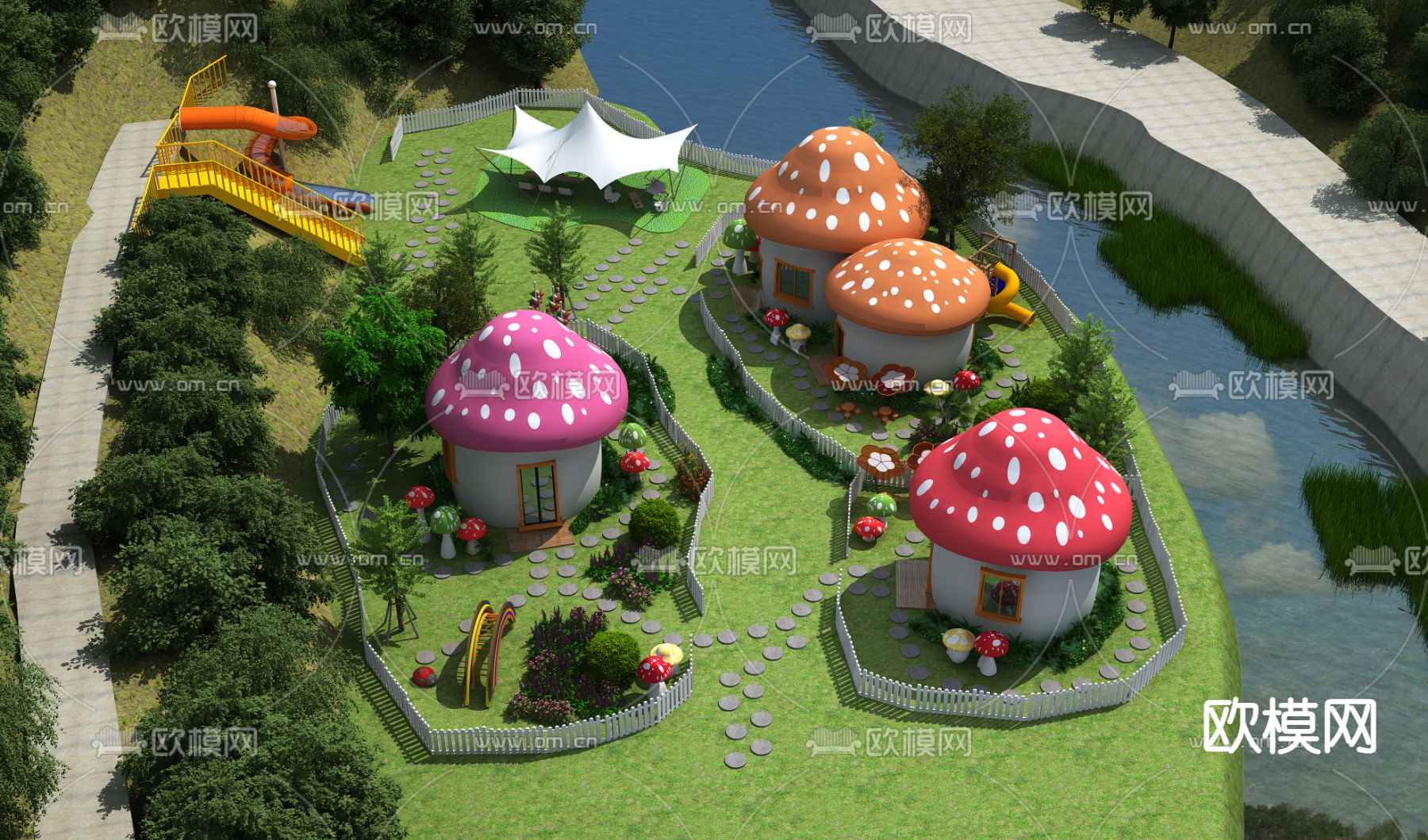 现代蘑菇屋儿童公园鸟瞰3d模型下载