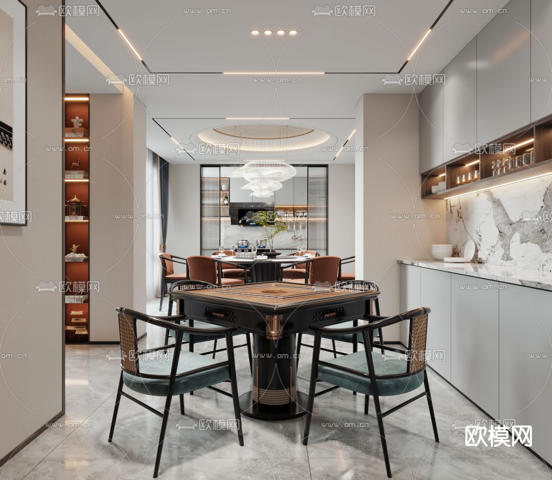新中式厨房餐厅麻将娱乐室3d模型下载（渲染图1）
