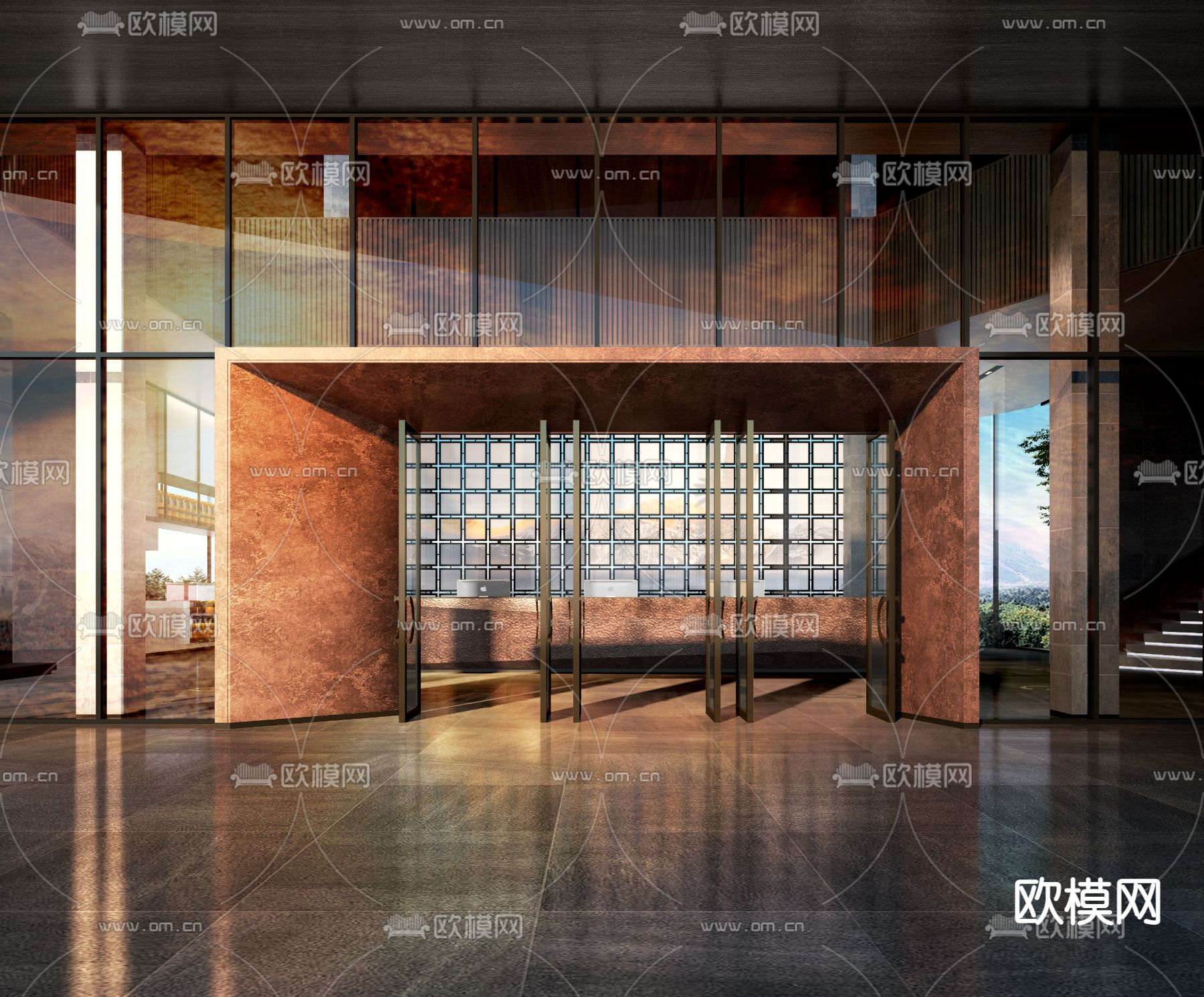 现代酒店会所商务大堂3d模型下载（渲染图2）